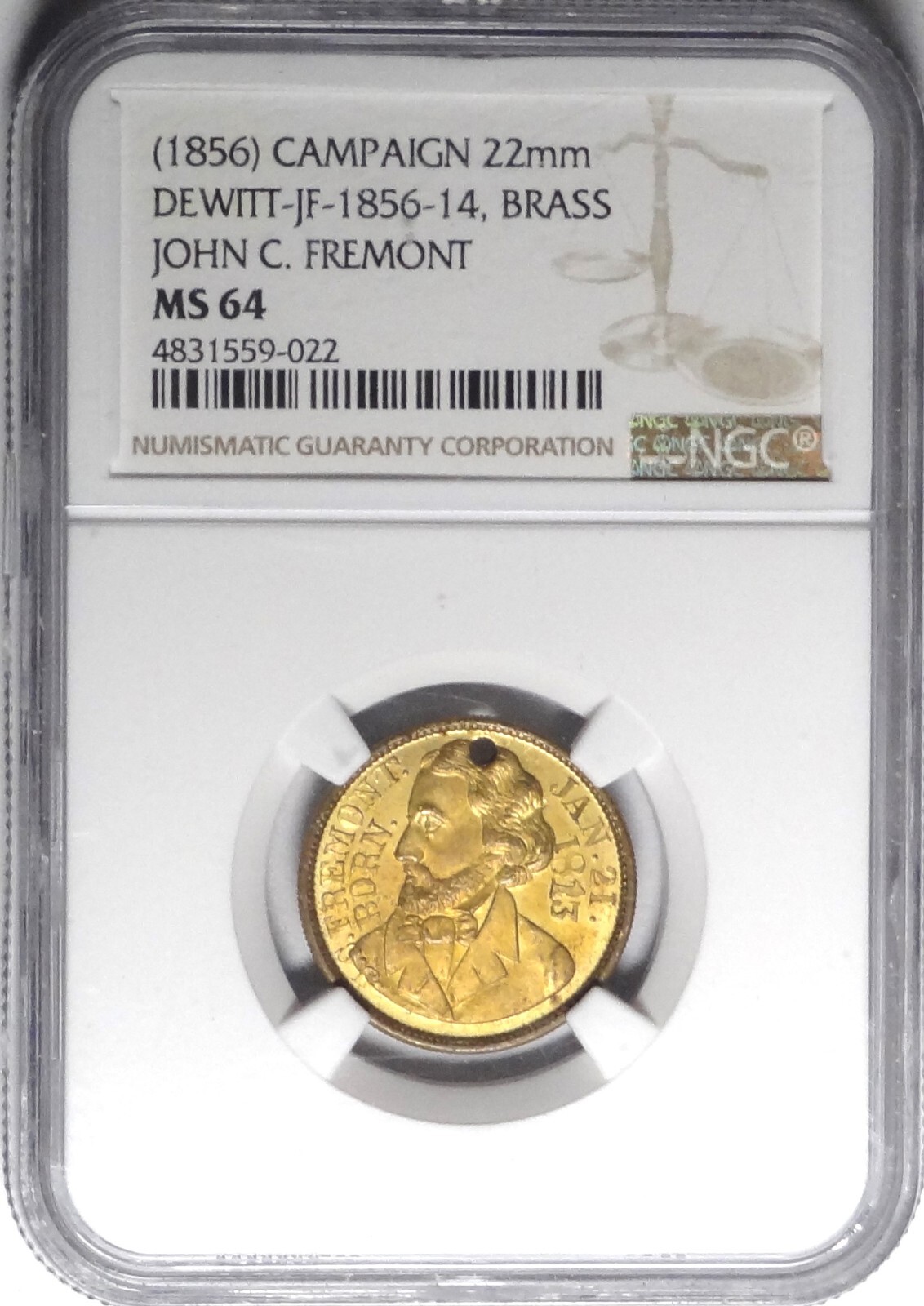 (1856) John C. Fremont Political Campaign Token DeWitt-JF 1856-14 NGC MS64