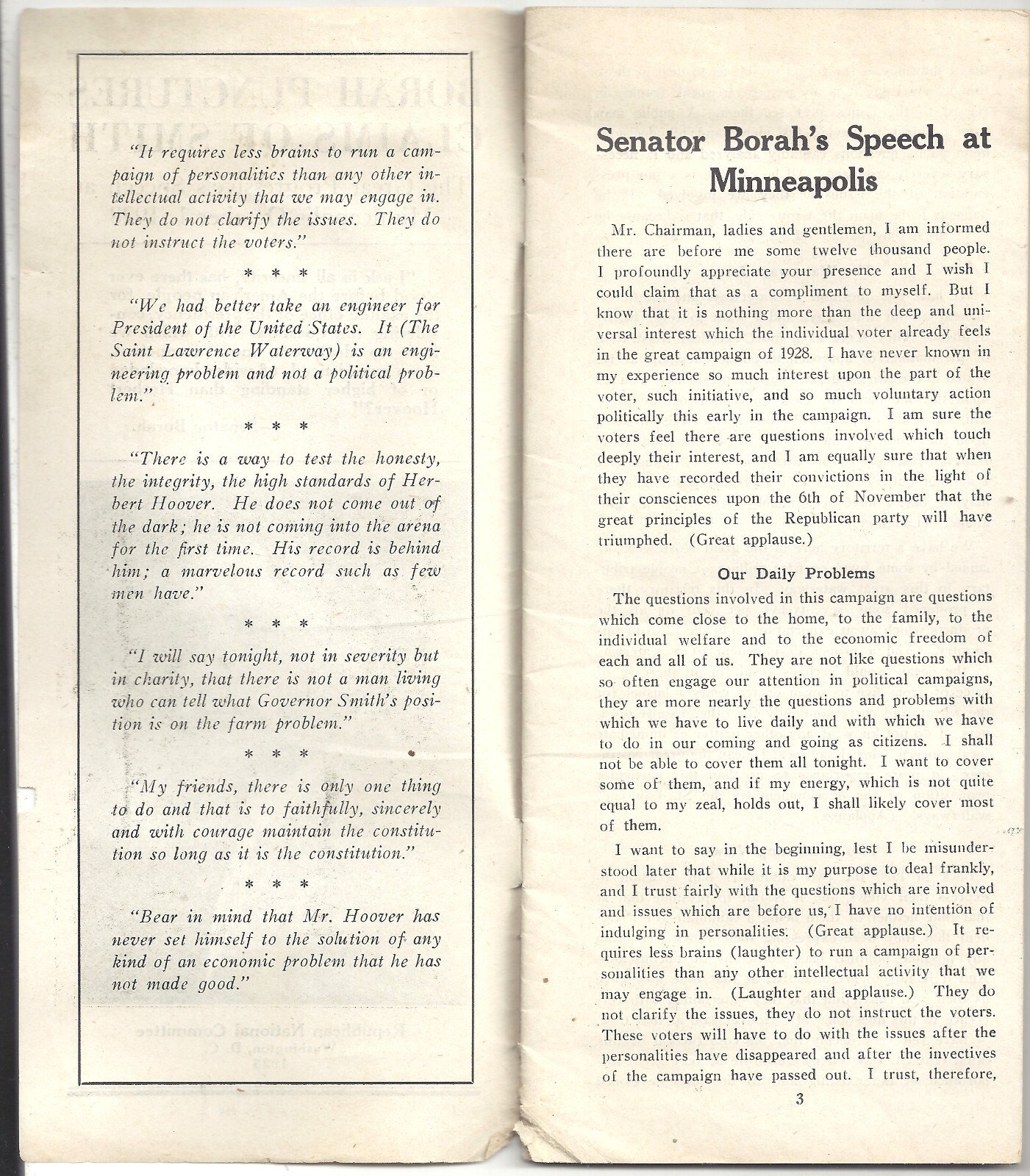 ID Sen. Wm BORAH Punctures AL SMITH’S Claims Pamphlet 1928 ~ Pro Herbert Hoover