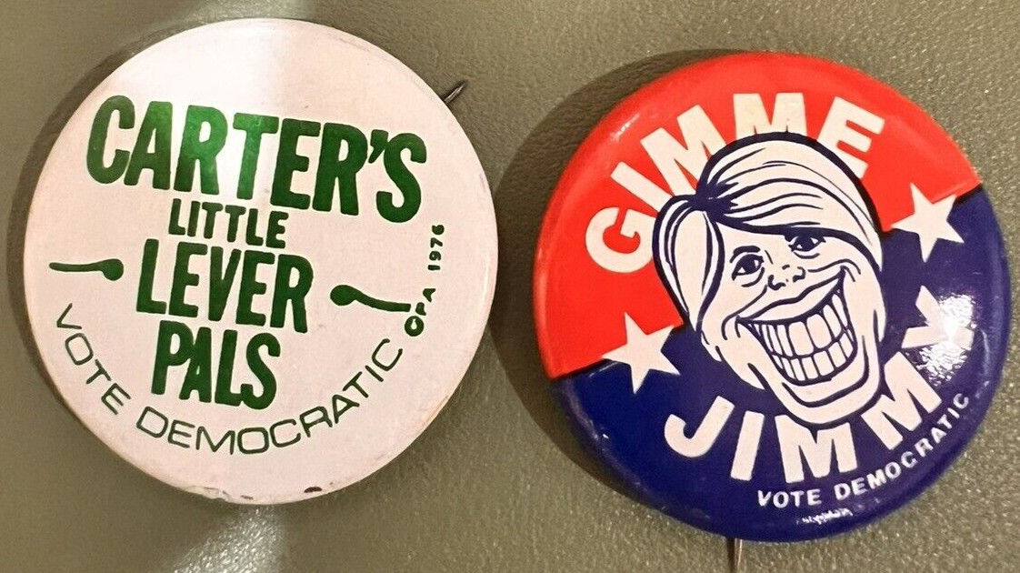 Lot of (2) Gimme Jimmy + Carter’s Little Lever Pals 1976 Jimmy Carter Pin Button
