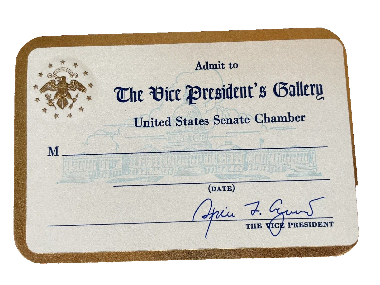 Spiro Agnew Vice President’s Gallery ticket pass Senate Chamber Unused NOS
