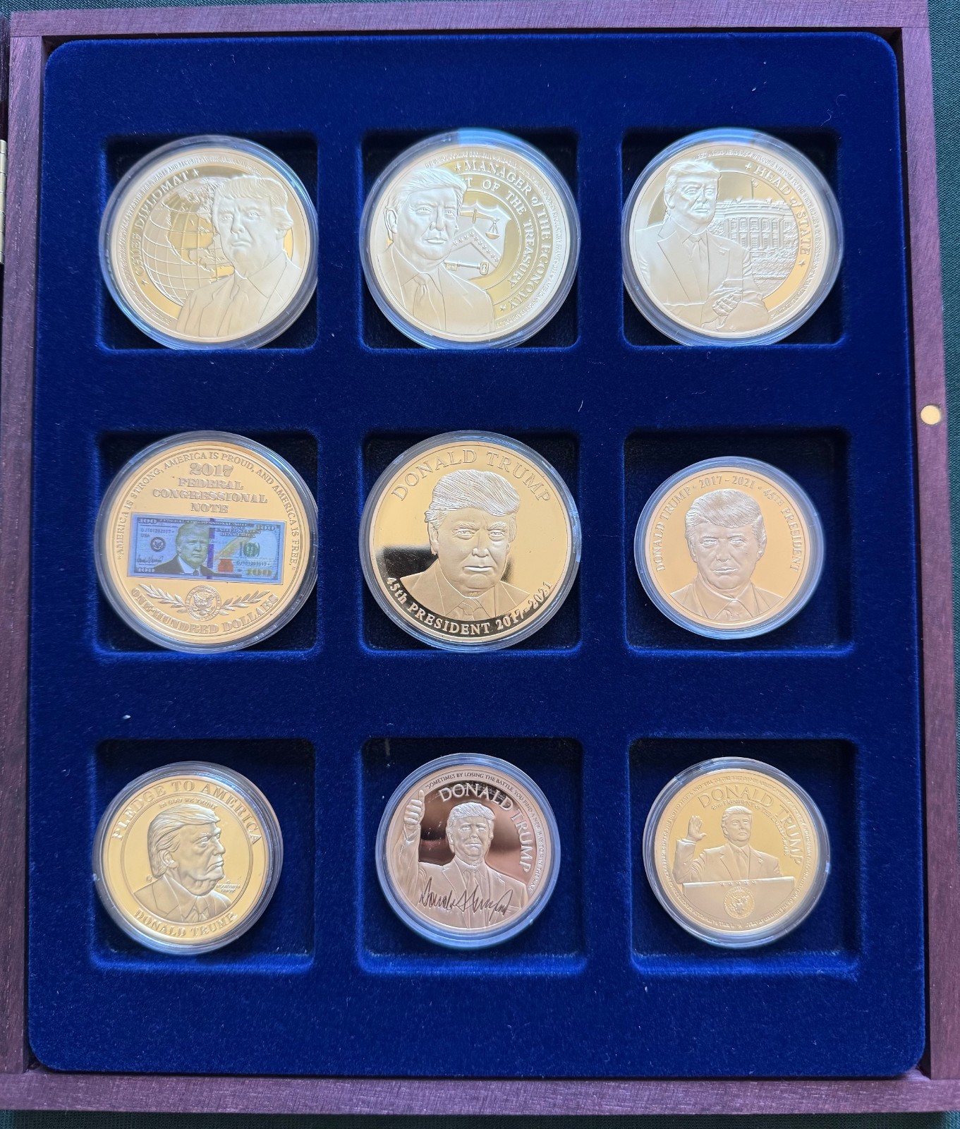 Set of 9 Unique Donald Trump Commemorative Gold Clad Coins in wooden case + CoAs