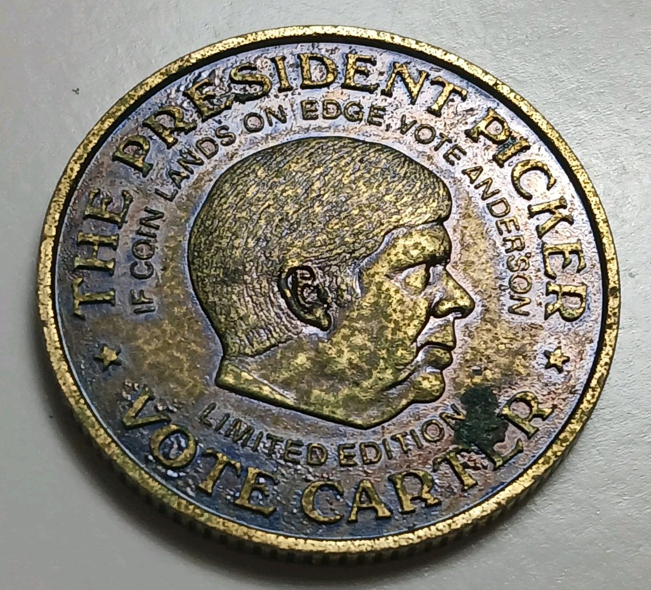 Vintage 1980 Vote REAGAN CARTER “The President Picker” Token ~ DEEP TONING