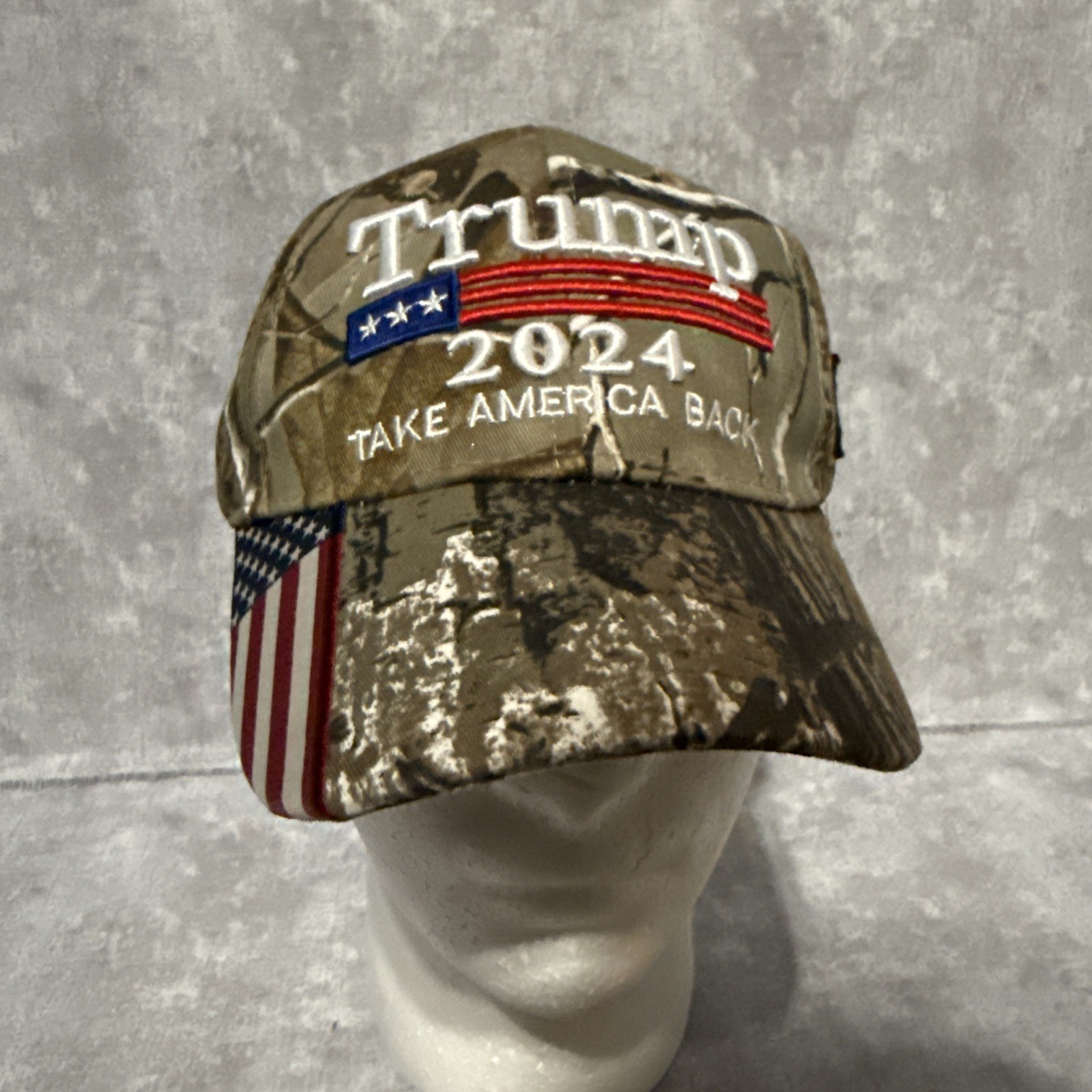 Trump 2024 Camo Hat Adjustable EUC Embroidered Take America Back Flag Patriotic