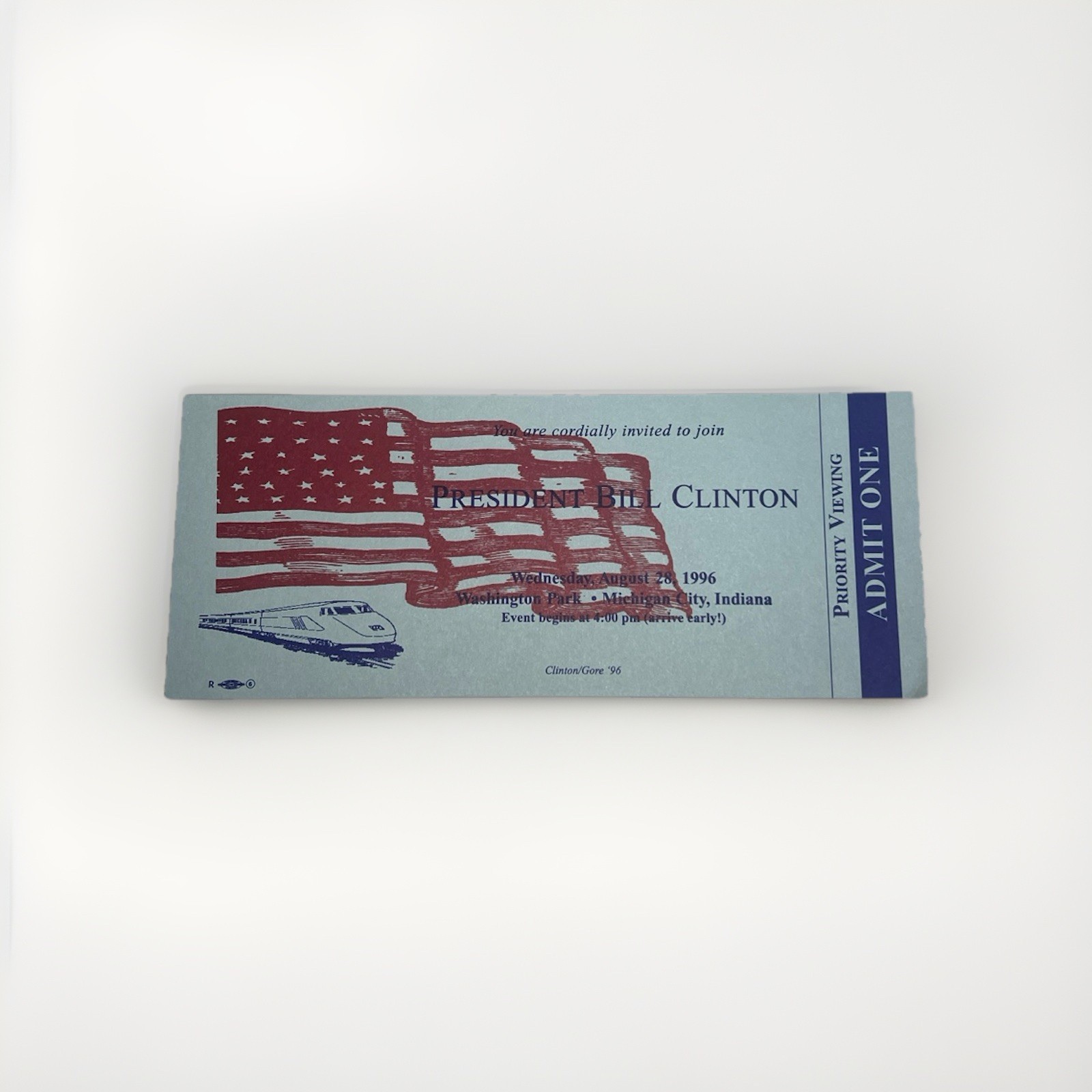 Vintage, Original Bill Clinton 1996 Train Ticket for Indiana
