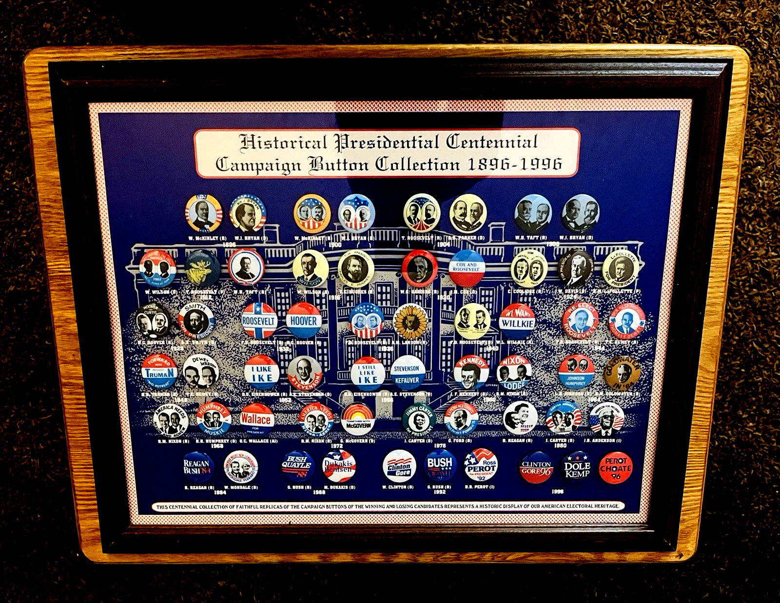 Historical Presidential Centennial Campaign Button Collection 1896-1996 Replicas