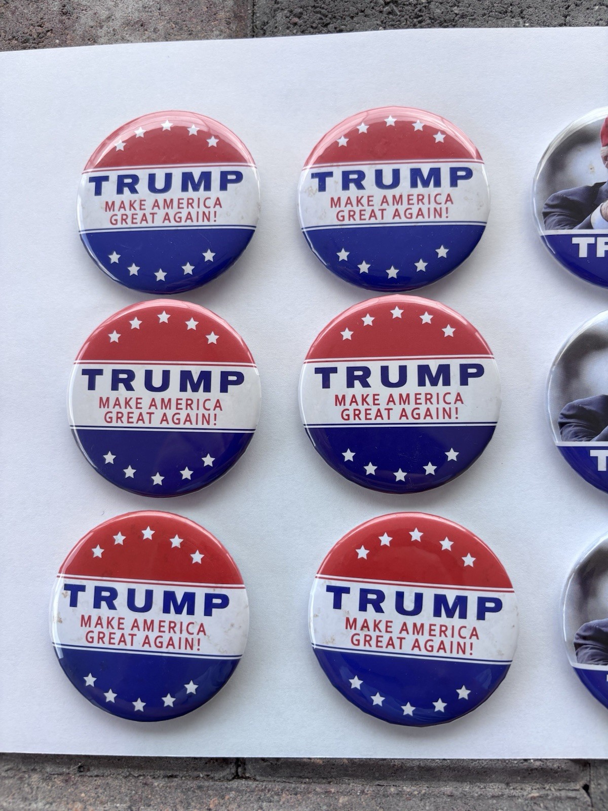 Official 2016 Donald Trump Campaign Lot – 10 Pinback Buttons & 29 MAGA Stickers