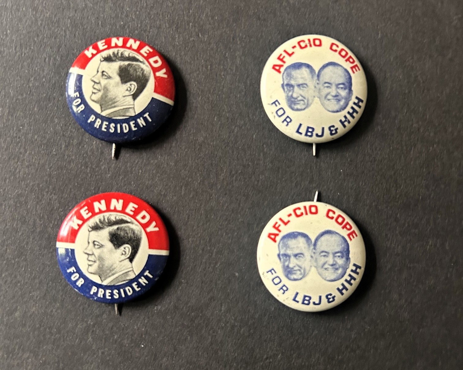 Lot of 4 Vintage Political Pins: 2 Kennedy and 2 AFL-CIO COPE for LBJ & HHH