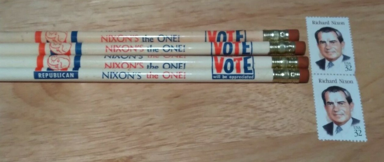 4 Presidential Election NIXON Pencils Nixon’s the One! + 2 Postage Stamps #2955