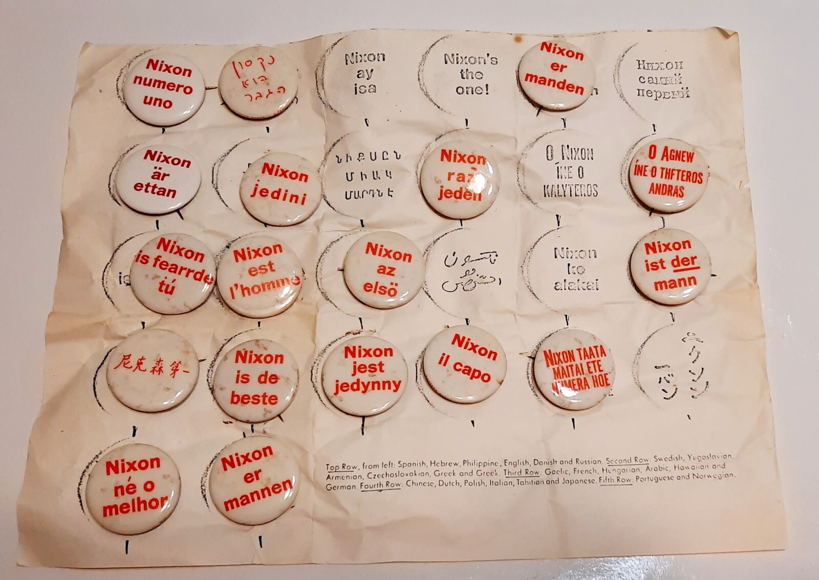 18 languages “Nixon’s the One!” 1968 political presidential campaign buttons