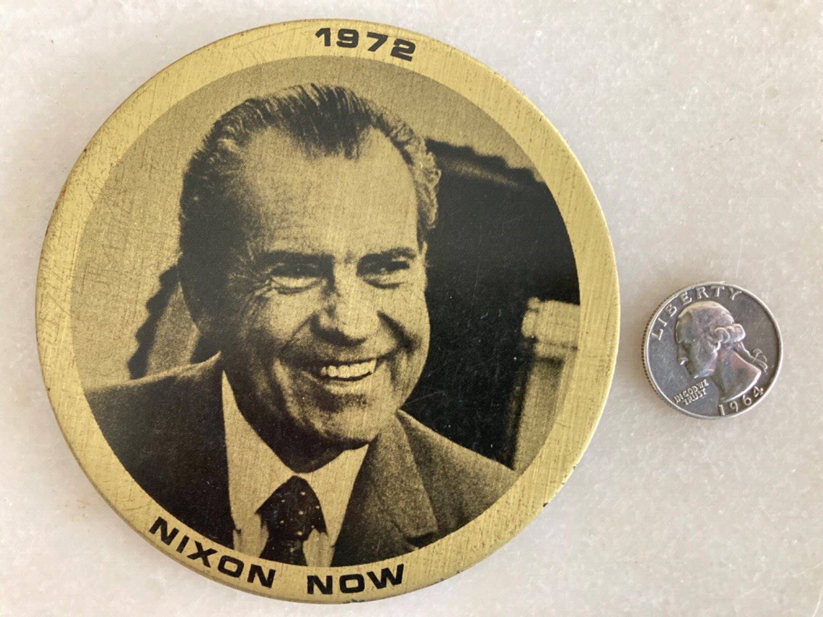 VTG PRES RICHARD NIXON NOW 1972 COASTER BRUSHED BRASS PAPERWEIGHT RARE