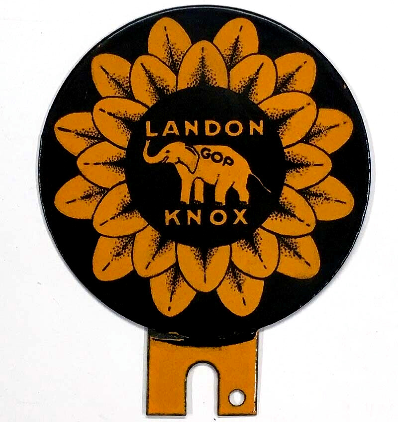 Landon Knox 1936 Political Porcelain License Plate Topper GOP Elephant Sunflower