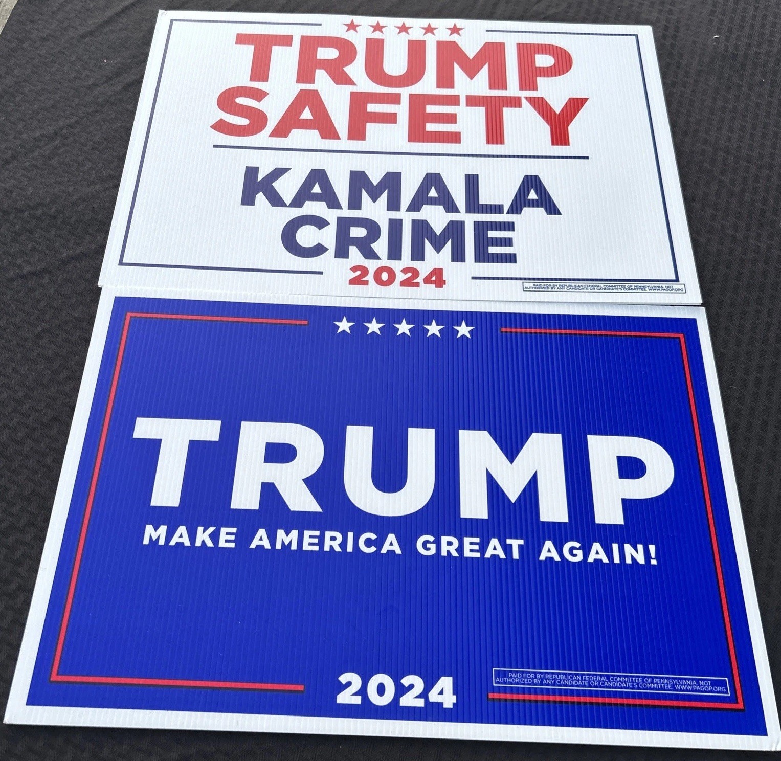 2 Donald Trump Kamala Harris 2024 Double side yard signs Authentic LOT 24″ x 16″