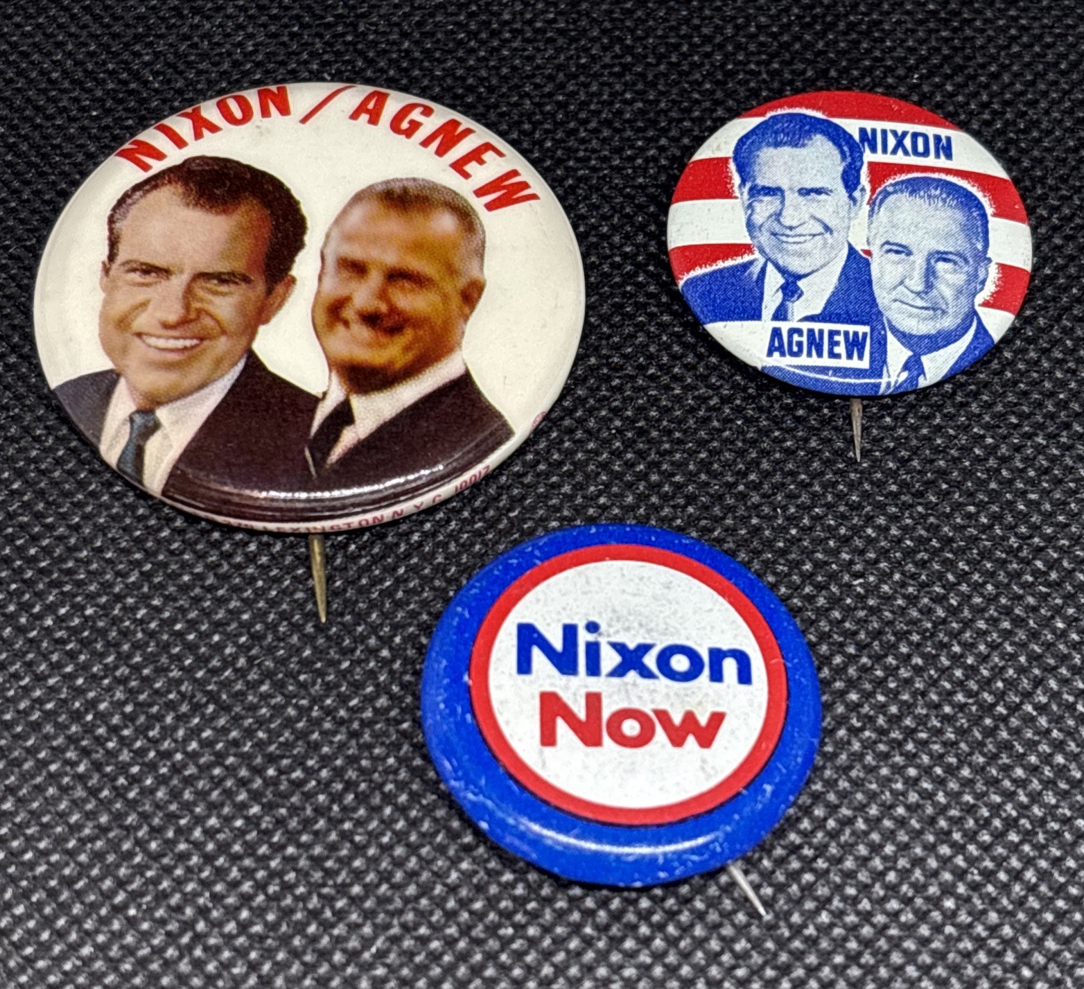 Lot If 3 Vintage NIXON-AGNEW Pins, Buttons, Nixon Now