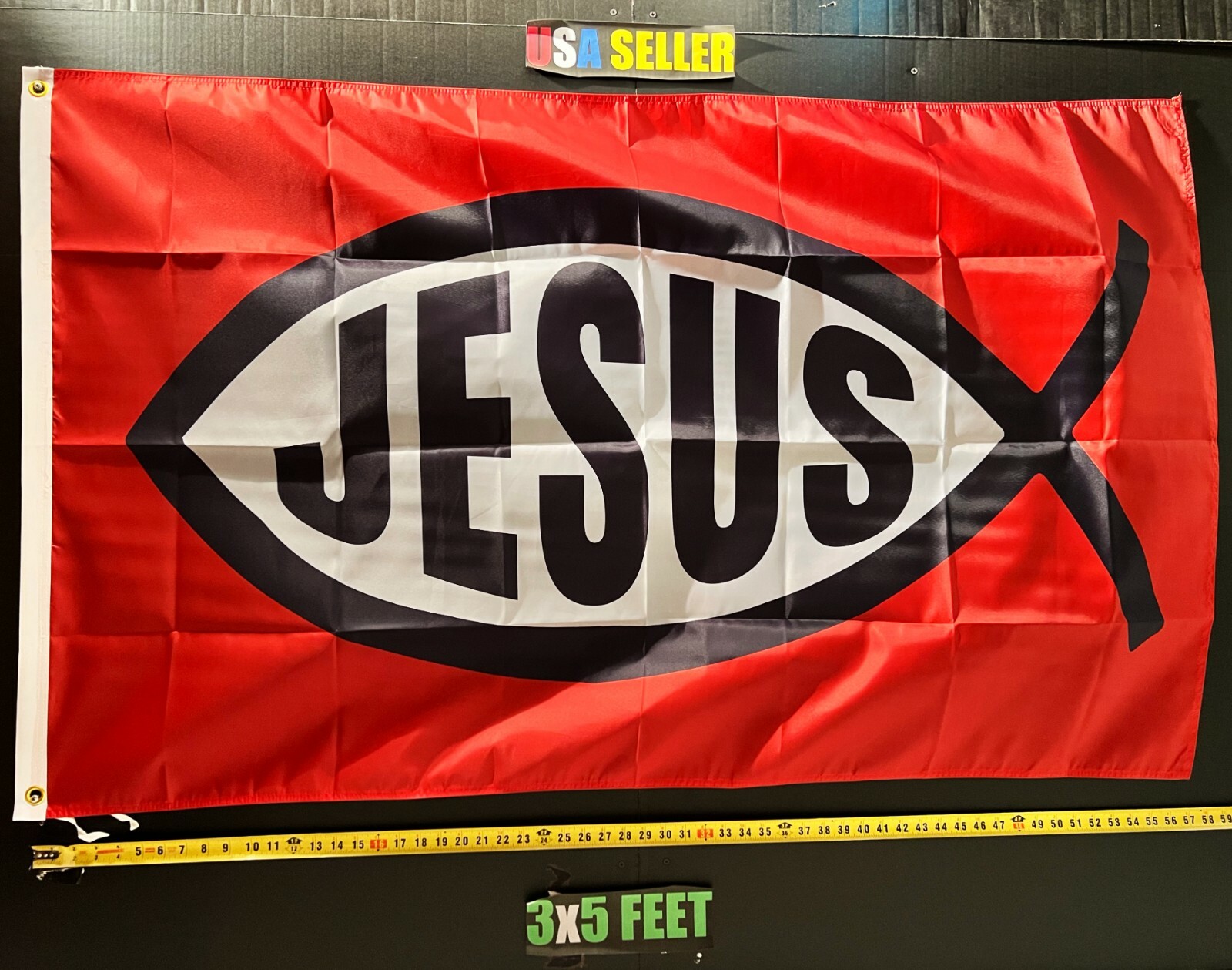 Jesus Flag FREE FIRST CLASS SHIP Jesus R Fish In God We Trust USA God Sign 3×5′