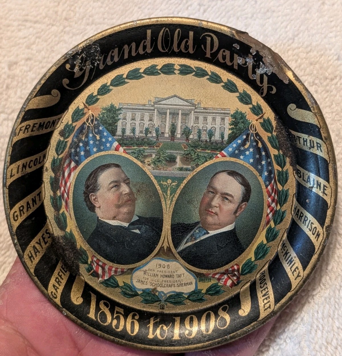 1908 William Taft & Sherman Grand Old Party Tin Lithographed Antique Tip Tray