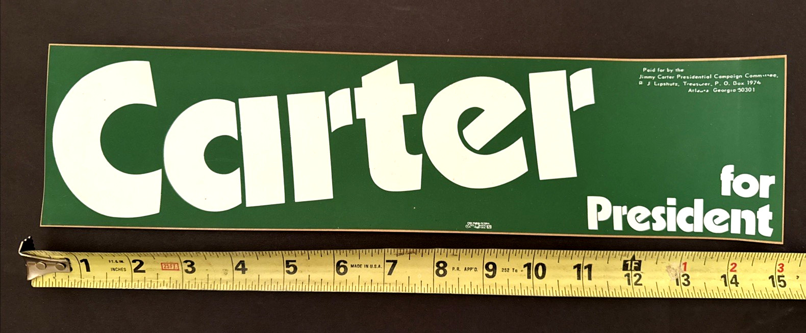 Jimmy Carter for President Bumper Sticker 1976 Presidential Campaign 15″ UNUSED