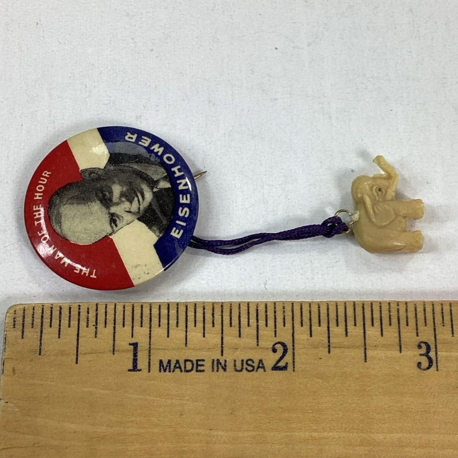 1952 Vtg Eisenhower Man Of The Hour Campaign Button Plastic Elephant Charm GOP