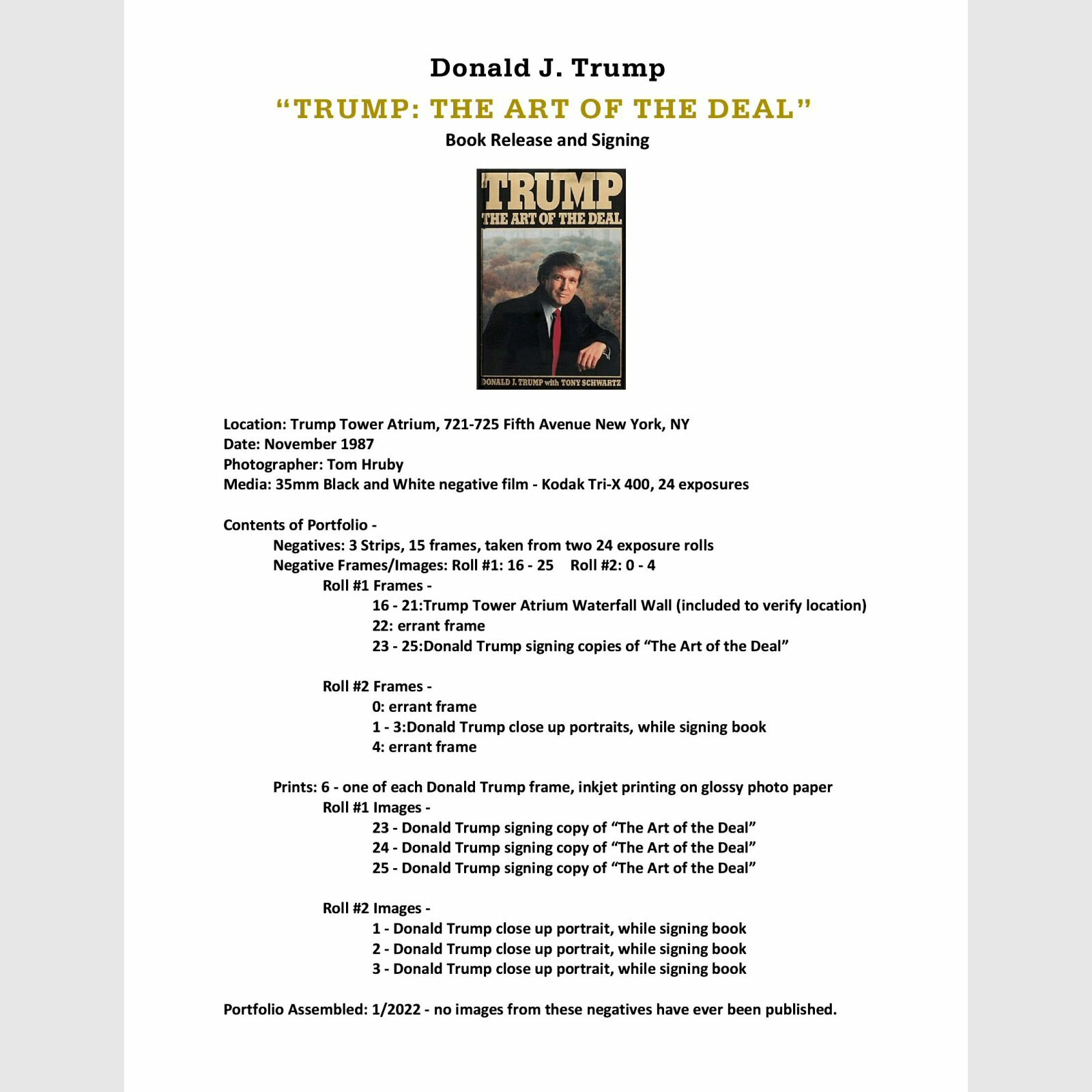Donald Trump Art of the Deal release Nov 1987 35mm negatives all rights to buyer