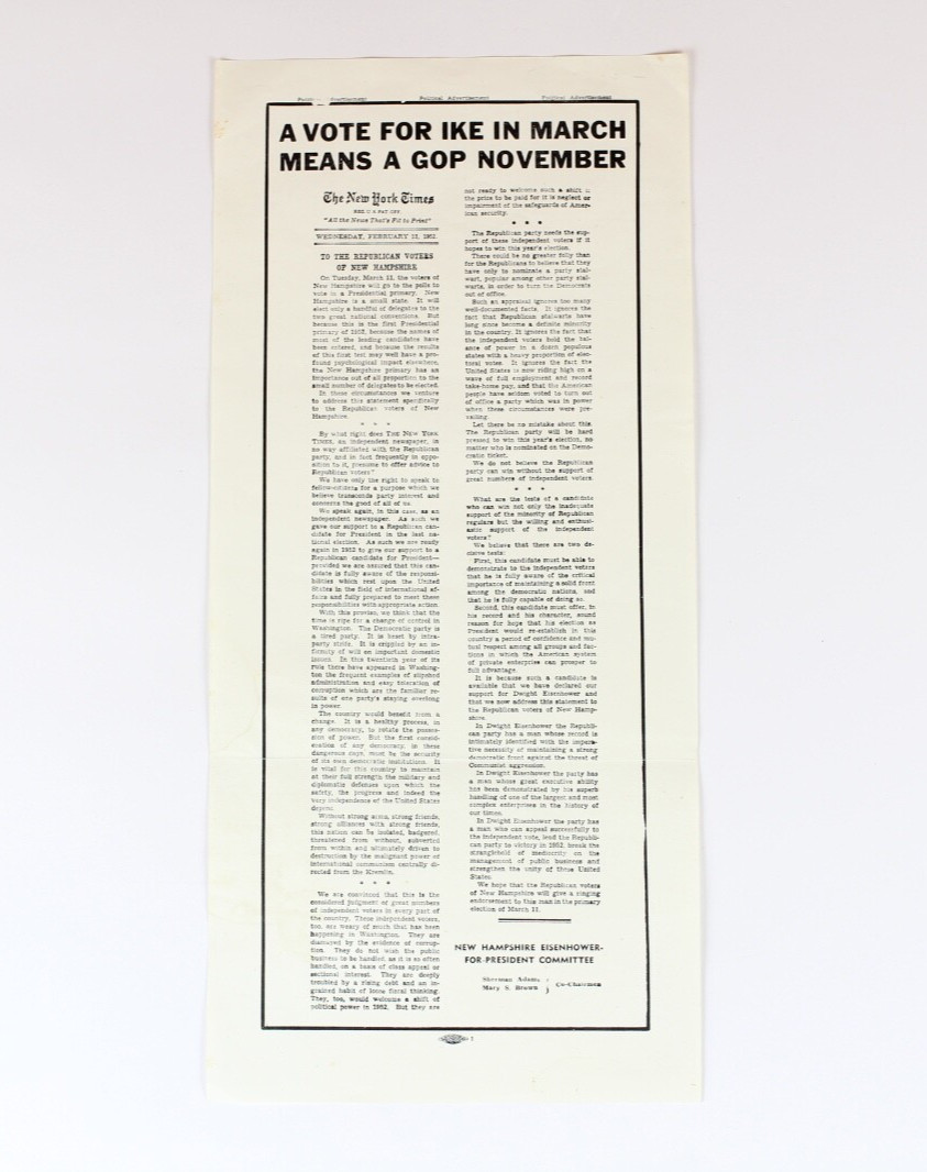 1952 Dwight Eisenhower IKE Presidential Campaign Broadside