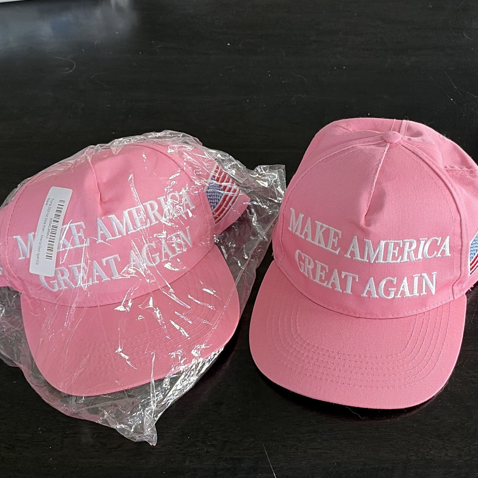 2 Pink Make America Great Again 45-47 Trump Adjustable Hats w/ US Flag Patch