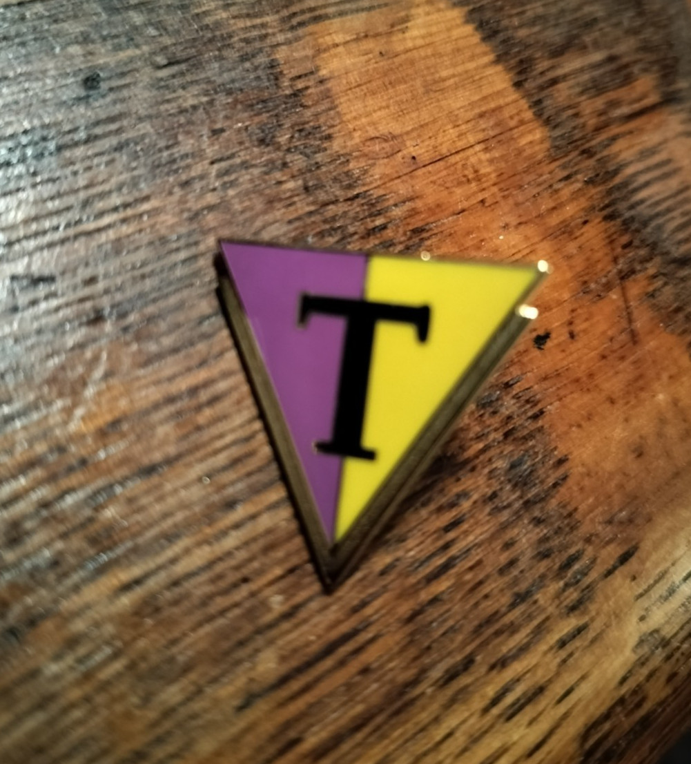 President Trump Lapel Pin Triangle Purple/Yellow letter T made in Massachusetts