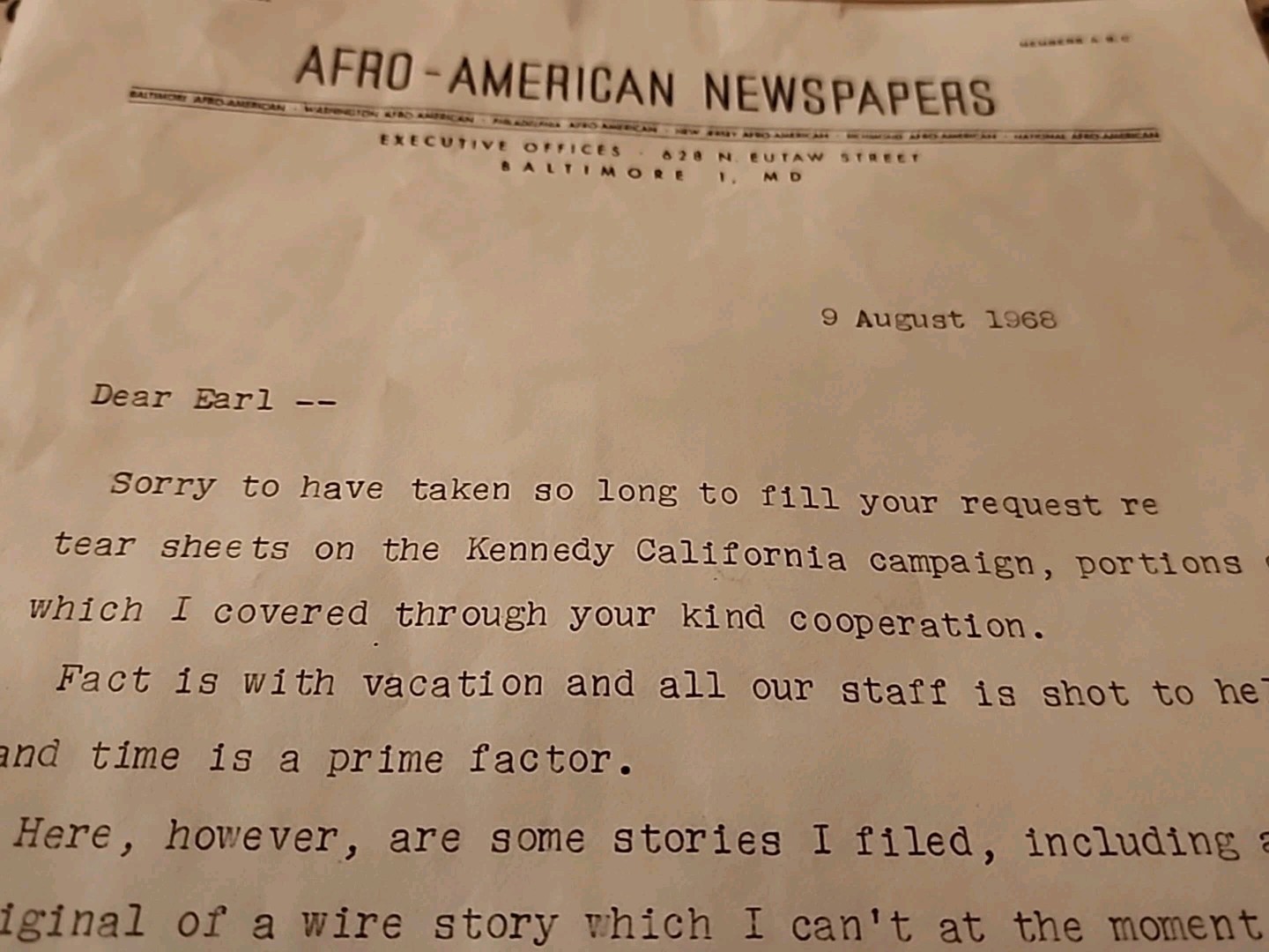 SIGNED Max Johnson Letter & AFRO AMERICAN BOBBY KENNEDY ASSASSINATION NEWSPAPERS
