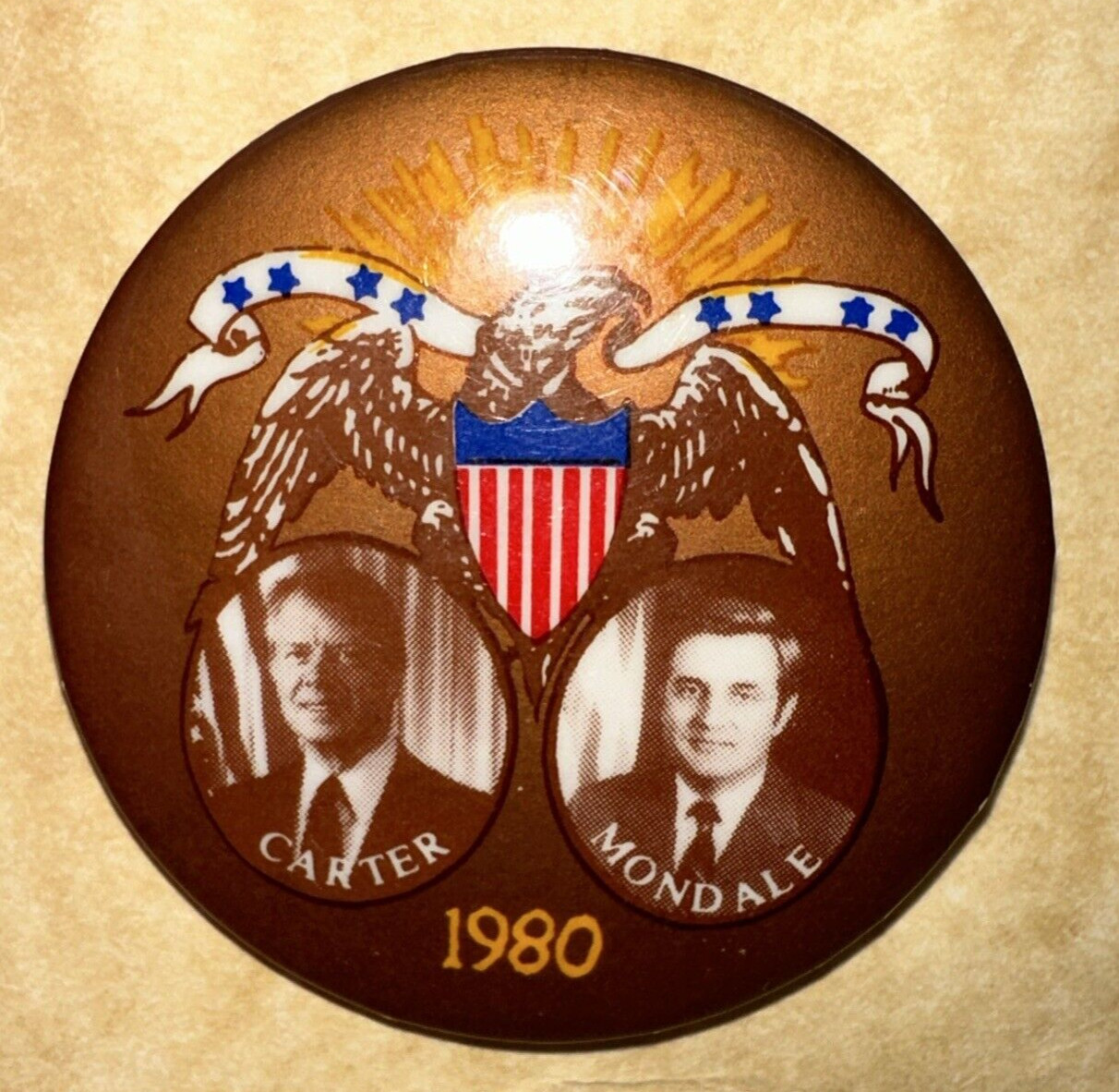 VTG 1980 Political Americana CARTER MONDALE re-election Pin Button NOS w/ card
