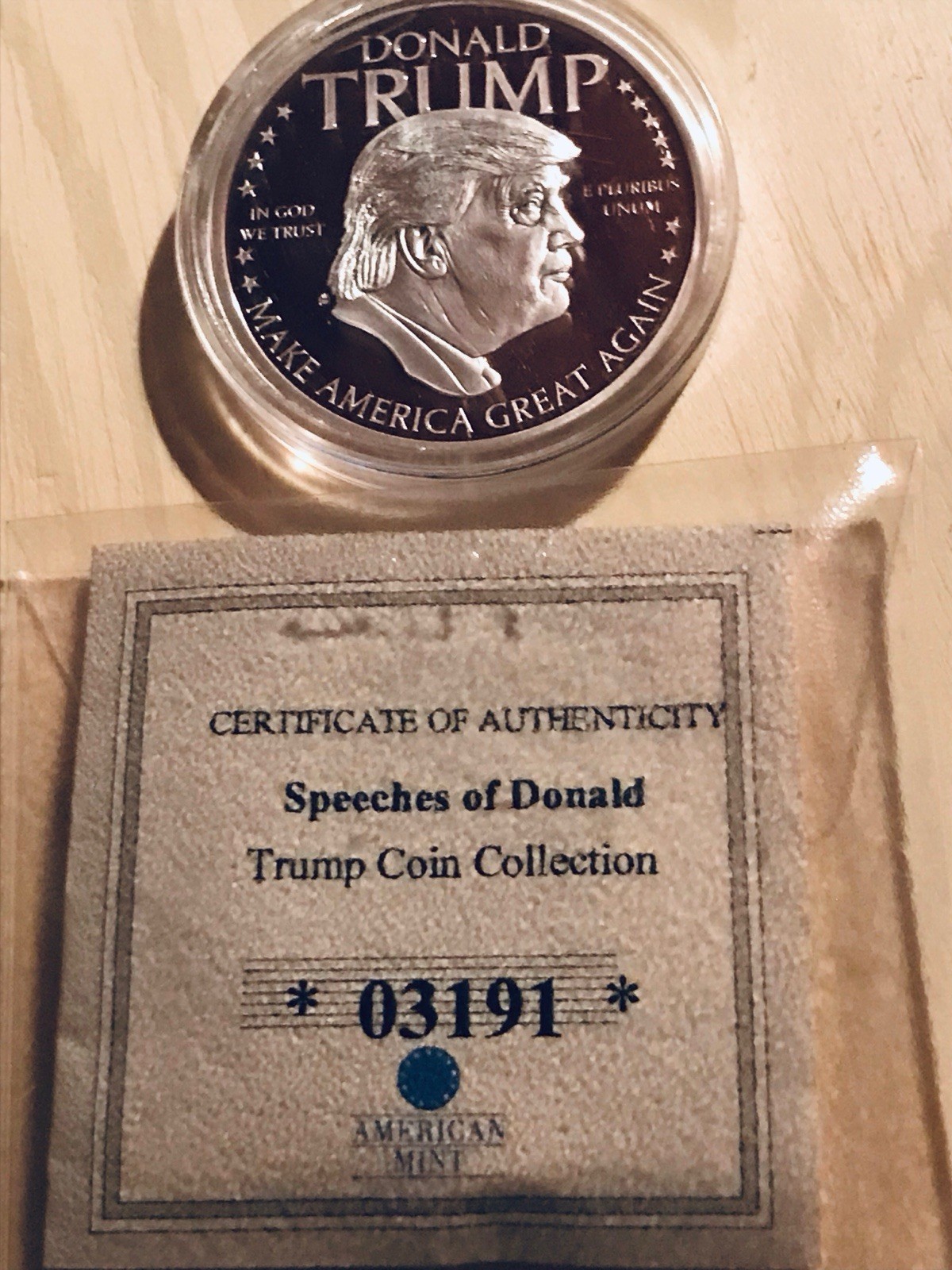 AMERICAN MINT DONALD TRUMP SILVER PLATED COIN Issued Date 2016