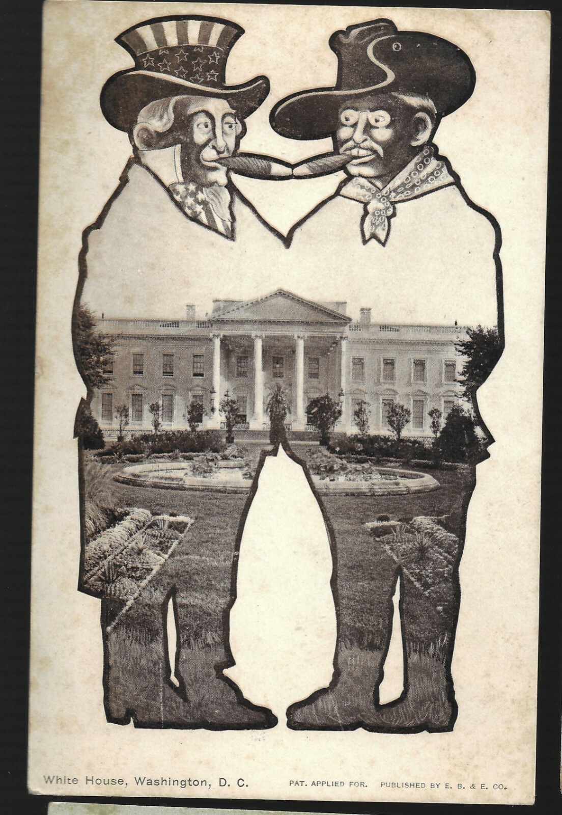Uncle Sam & Teddy Roosevelt Share Cigars In Front of WH Undivided Back Postcard