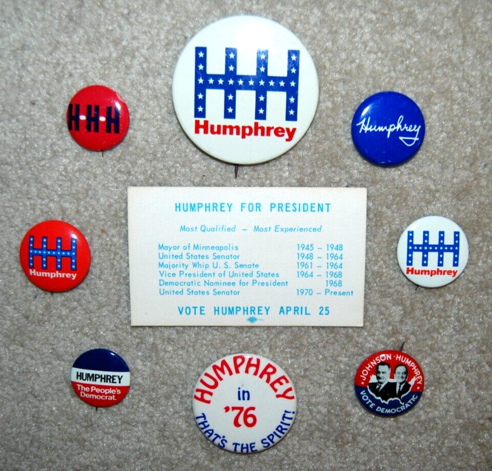 (8) Hubert Humphrey Presidential Election Campaign Buttons Pins & Card