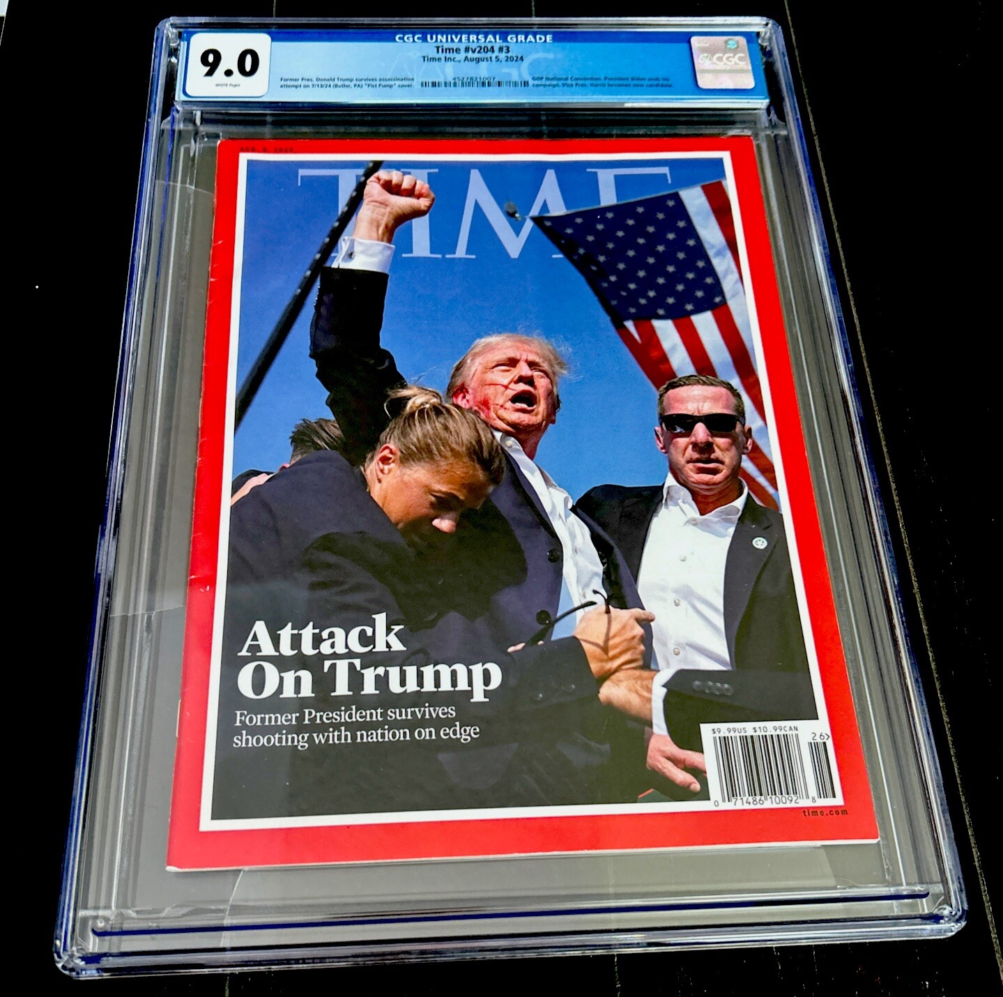 DONALD TRUMP RARE TIME MAGAZINE COVER 2024 USA SURVIVES ATTACK FIST PUMP CGC 9.0