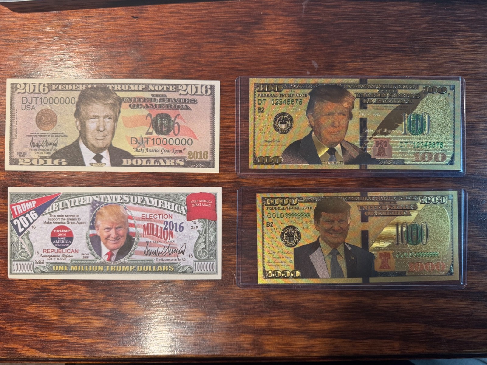 Lot of 4 Donald Trump Currency 1,000 & 100 Gold and 2016