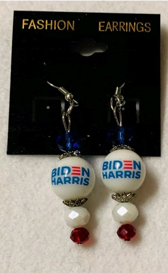 JOE BIDEN HARRIS EARRINGS GLASS BEAD PRESIDENTIAL 2020 CAMPAIGN ORNAMENT RARE