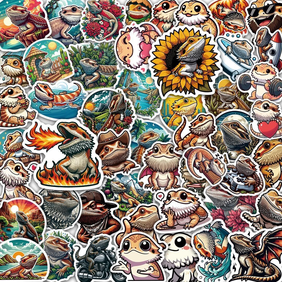 100 Pack Bearded Dragon Stickers (Large Size), Multicolor