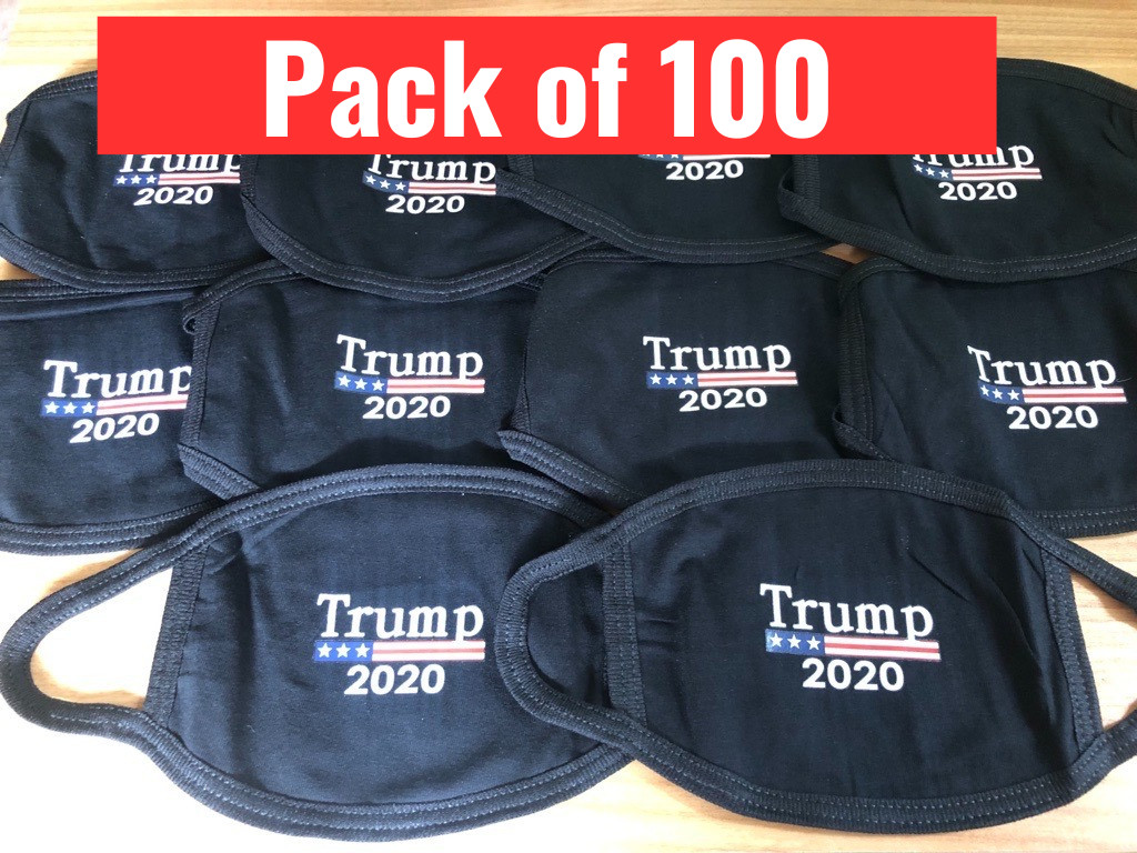 Lot of 100 Trump 2020 Face Masks – Black, Cotton, Reusable, Adjustable Ear Loops