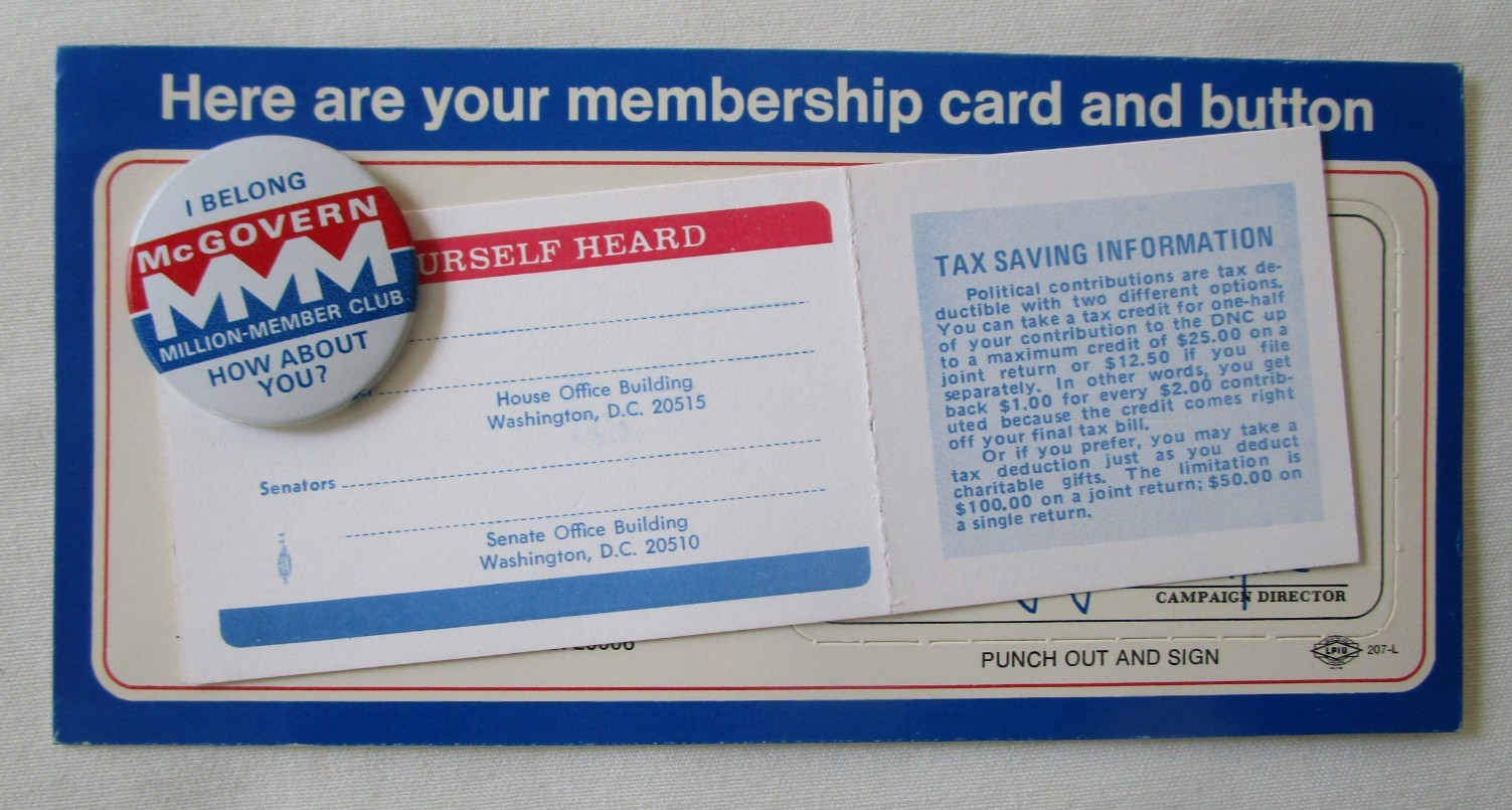 McGOVERN MEMBERSHIP CARD with PIN – 1972 – Free Shipping!