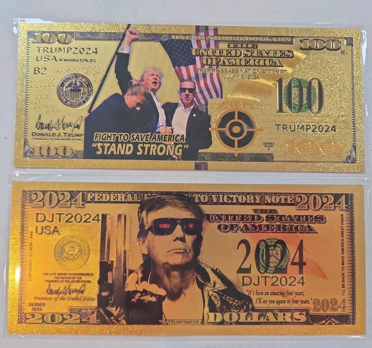 Trump 2024 Gold Foil Notes Qty 2 In Plastic Sleeve