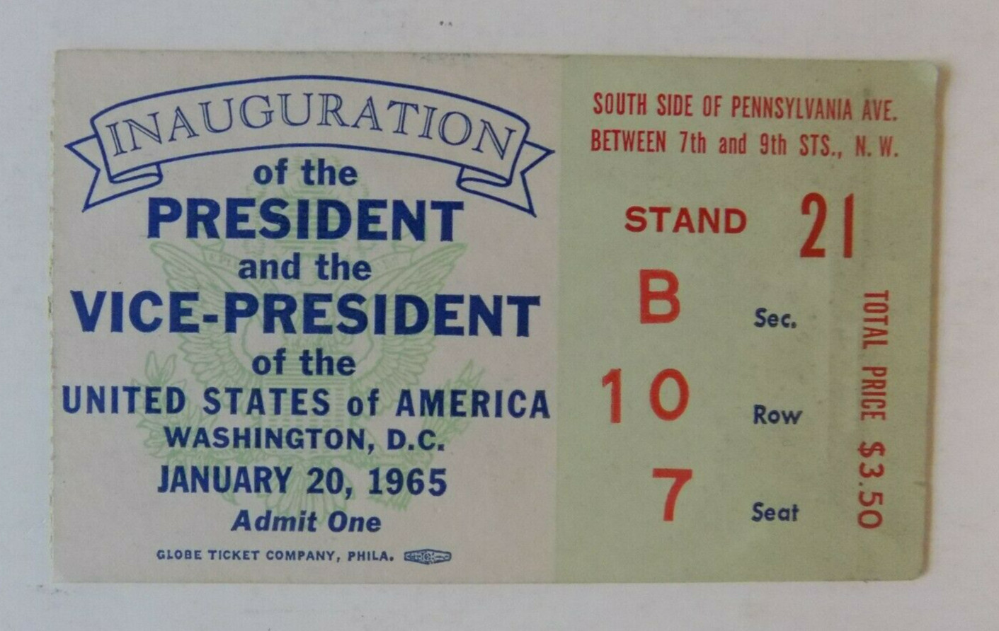 1965 Presidential Inauguration Ticket President LBJ LYNDON JOHNSON /VP Humphrey