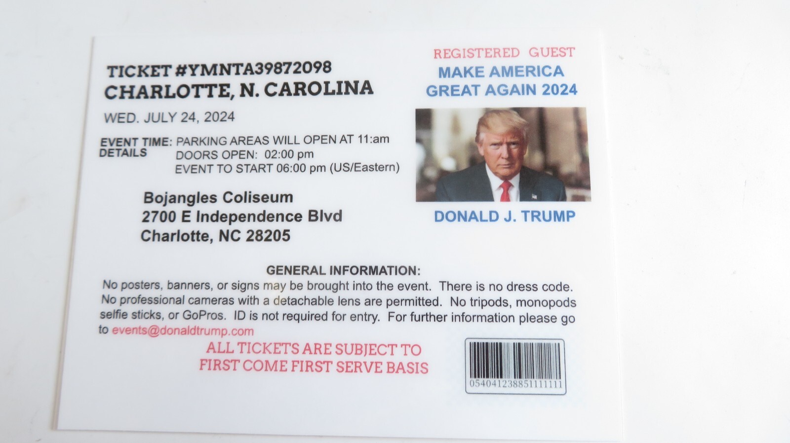 DONALD TRUMP RALLY TICKET, CHARLOTTE, N. CAROLINA, 07-24-2024 BOJANGLES COLISEUM