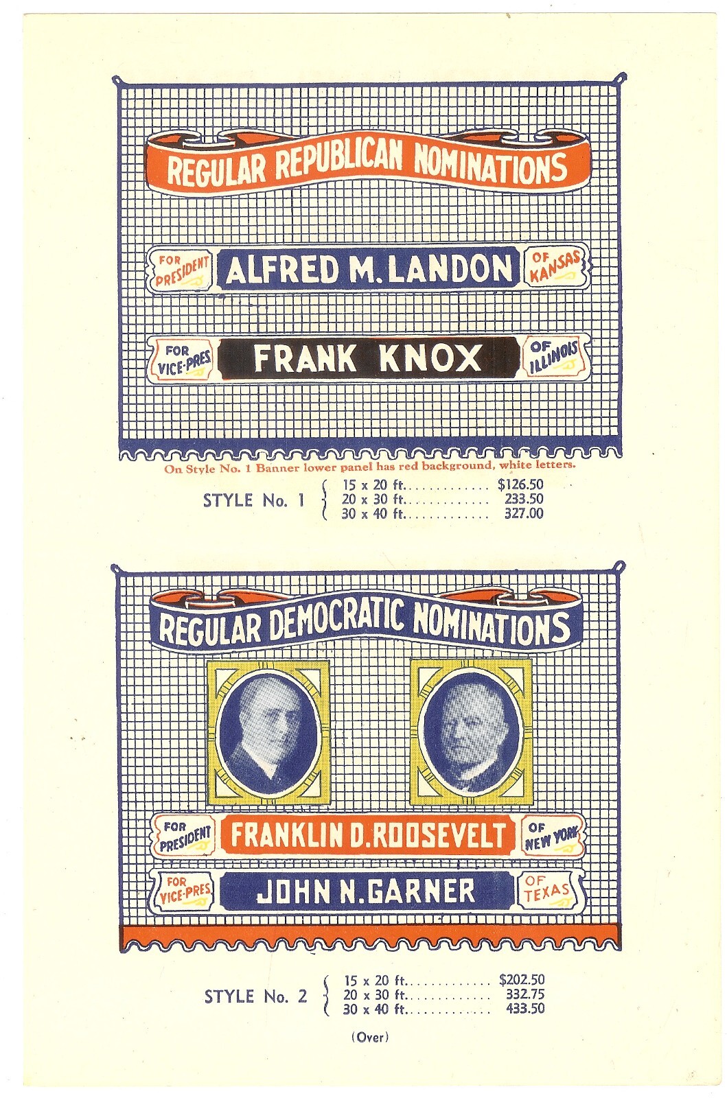 2-Sided 1936 Campaign Panel Drapes for Roosevelt & Landon ~ CampaignAdvertising