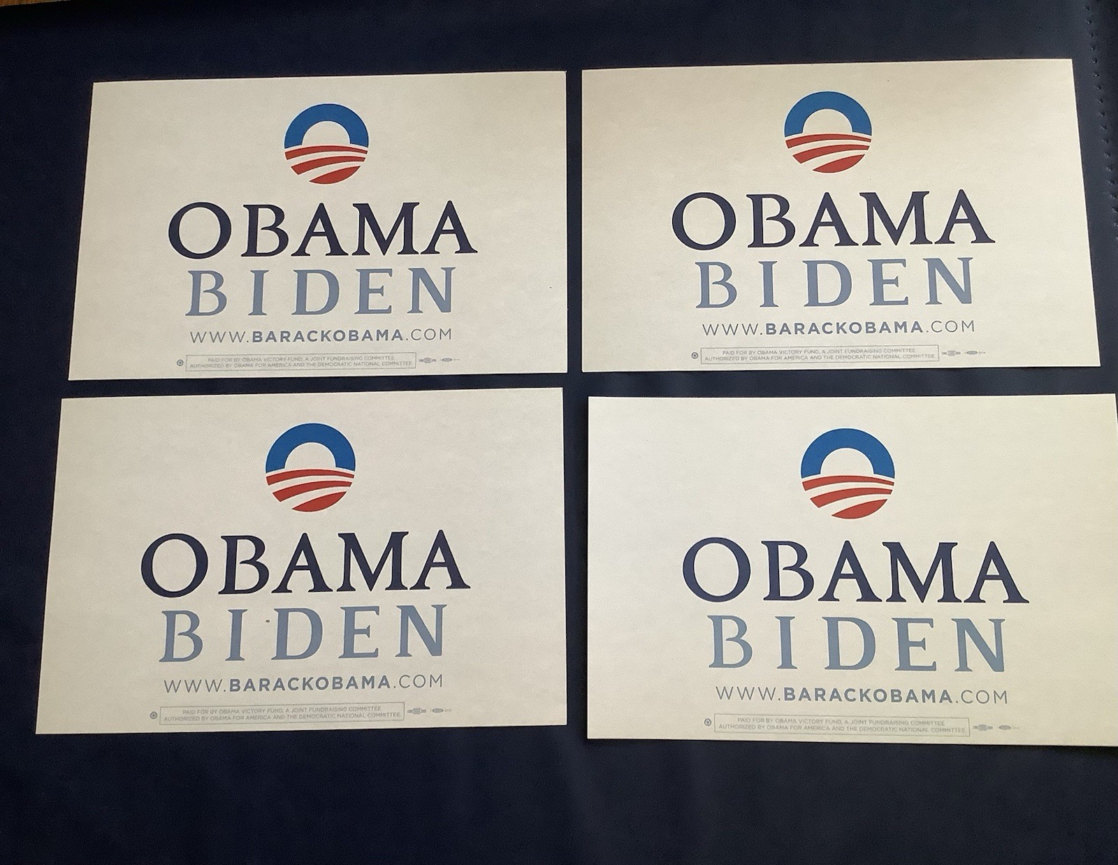 OBAMA BIDEN ‘08 Two-Sided Campaign Rally Sign 17″x11″ w/ O logo LOT OF 4