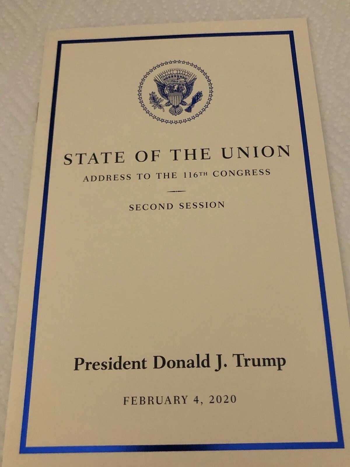 TRUMP WHITE HOUSE 2020 STATE OF THE UNION SPEECH PROGRAM REPUBLICAN GOP MAGA Exc