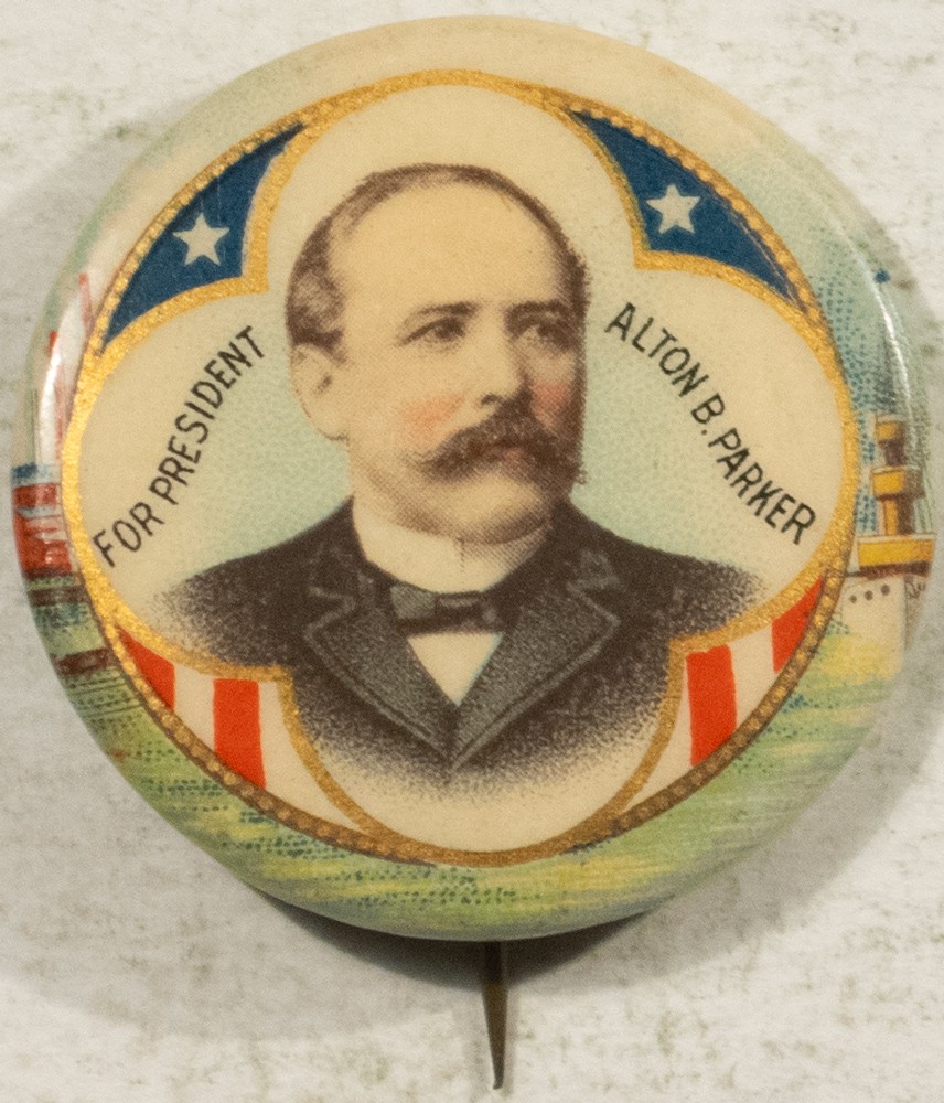 1904 ALTON PARKER 1 1/4″ CELLULOID CAMPAIGN BUTTON, FULL COLOR W/ INDUSTRY THEME