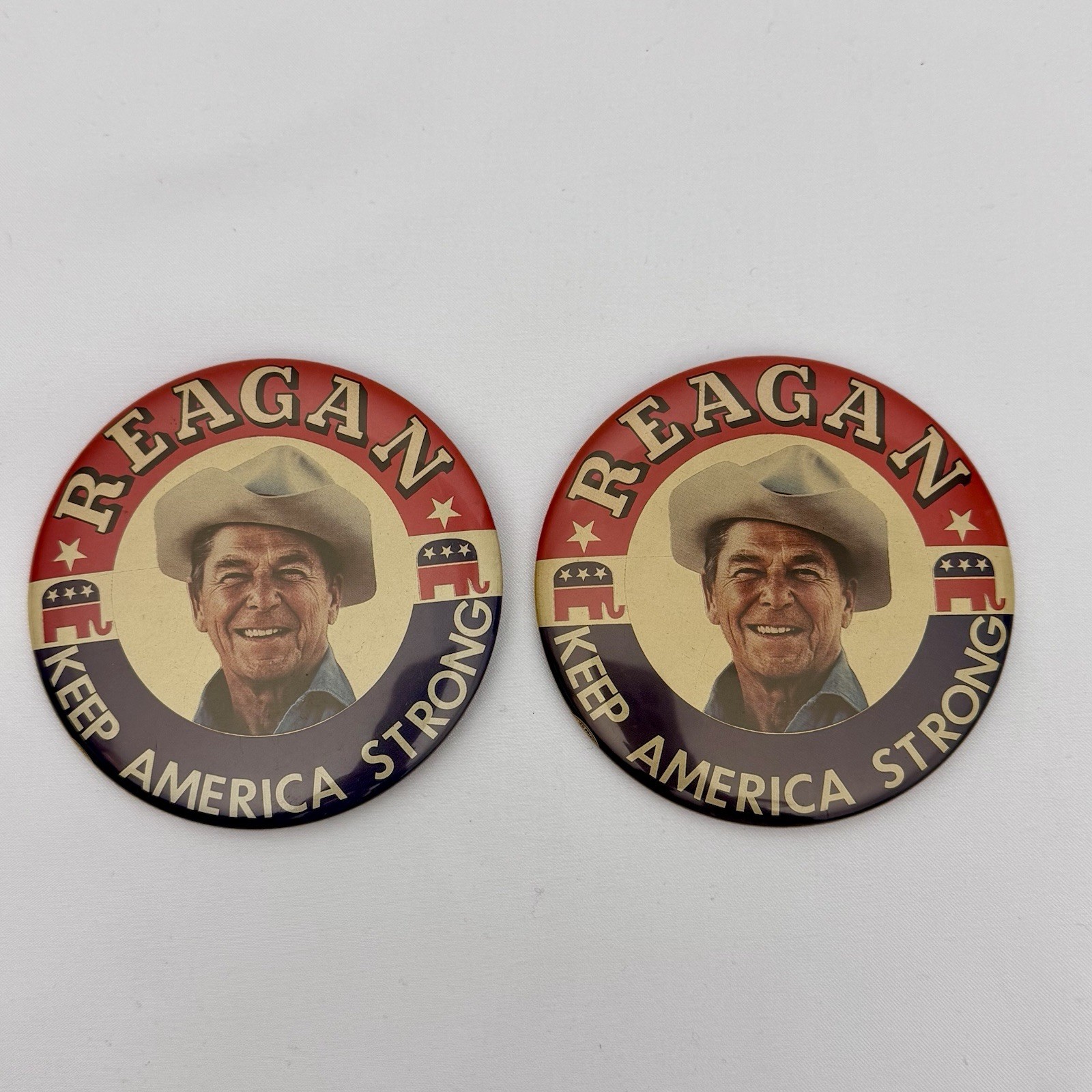 2 Ronald Reagan KEEP AMERICAN STRONG 1984 Pinback Buttons 3-1/2” Cowboy Hat