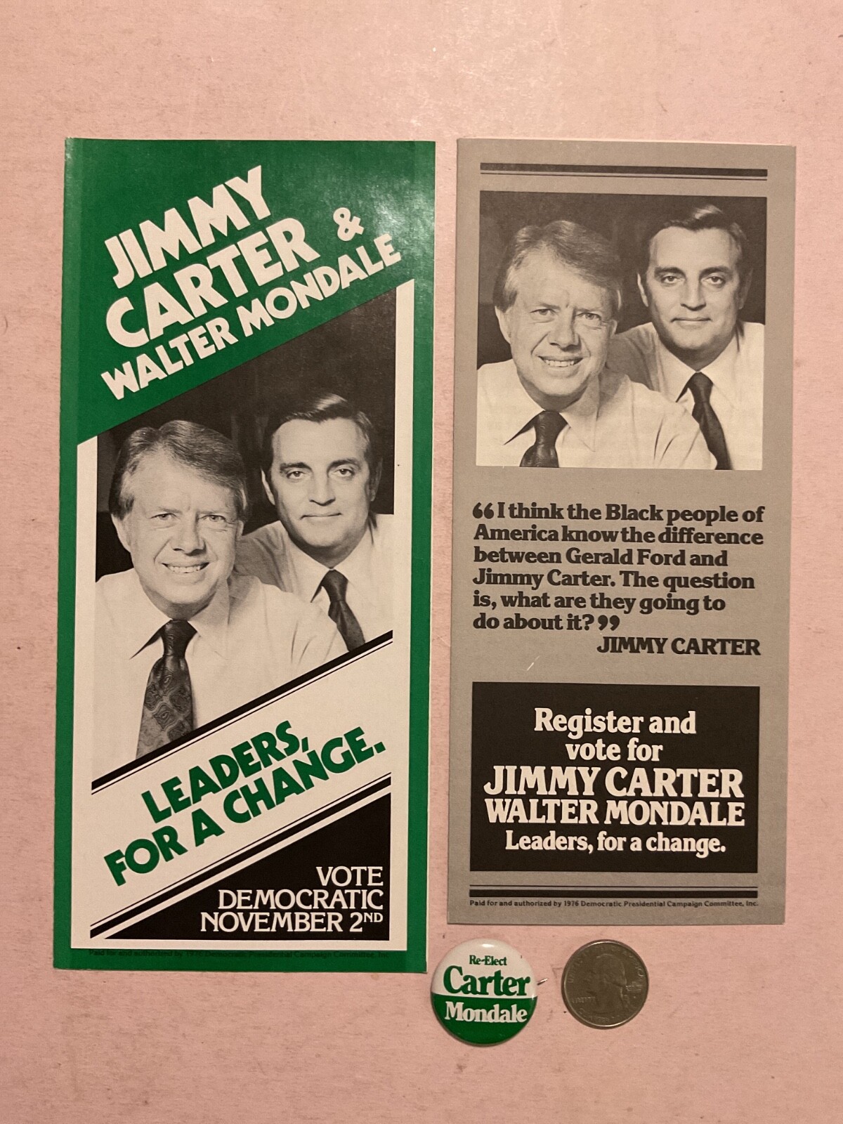 (2) 1976 Jimmy Carter & Walter Mondale Presidential Campaign Brochures + Pin