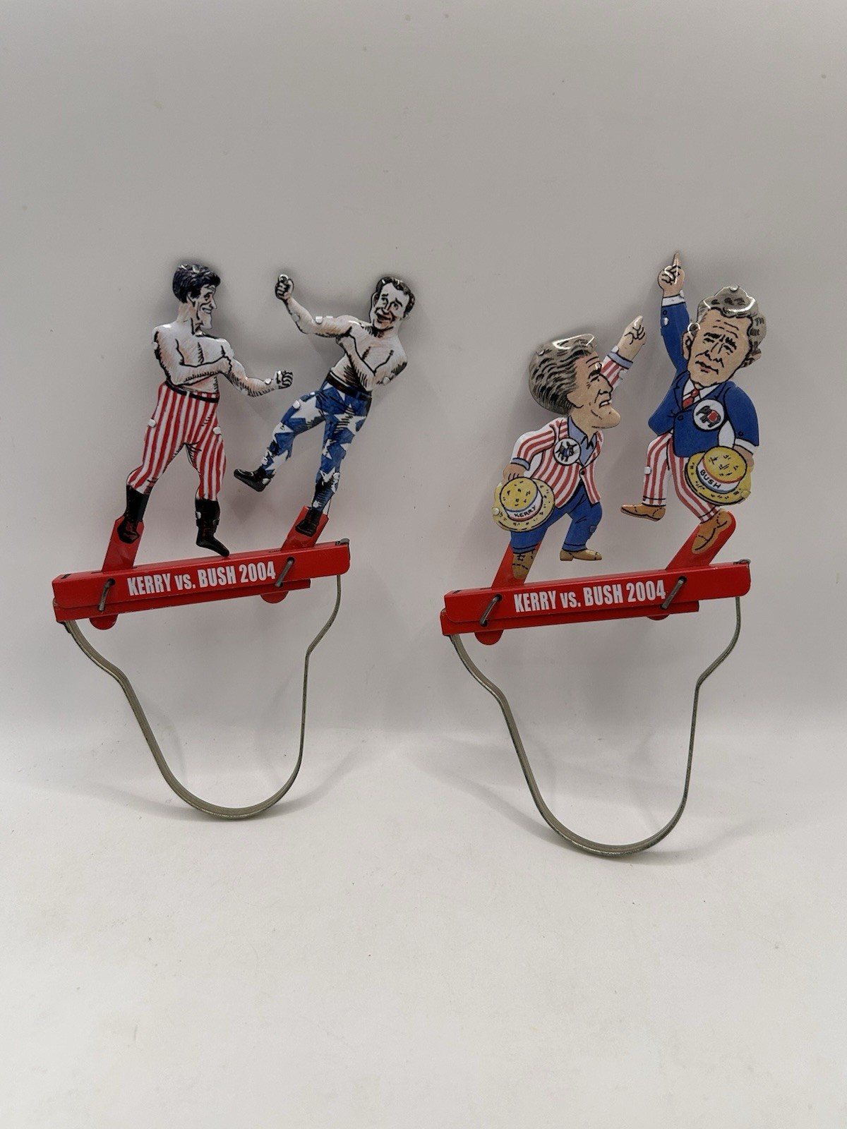 Schylling Kerry vs Bush 2004 Political Metal Tin Puppet Toy Hand Squeezer