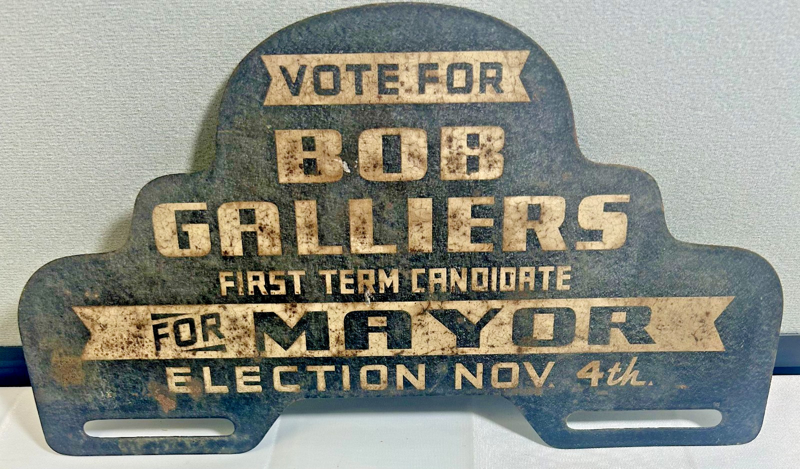 Vintage Antique Political Campaign Signage Metal Car License Plate Mount Unique