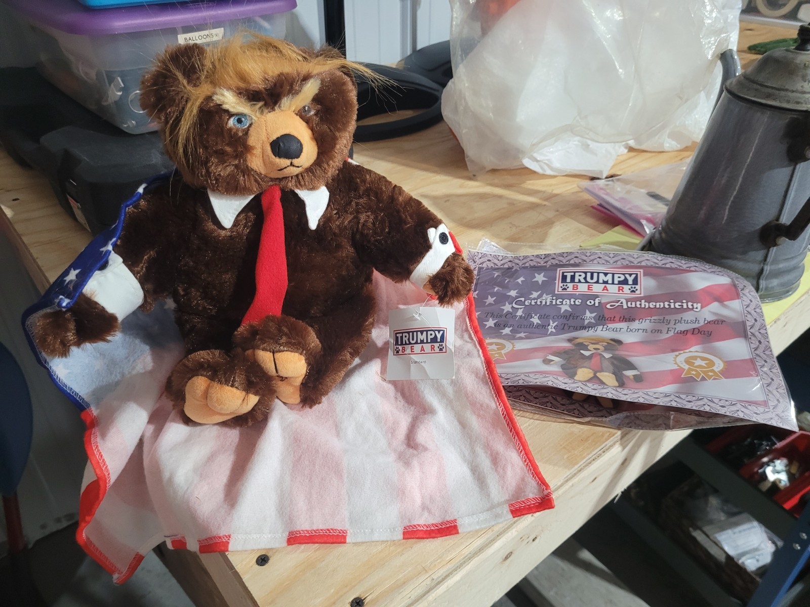 Trumpy Bear Plush Teddy Bear w/ Certificate, Flag Blanket & Tag Political Collec