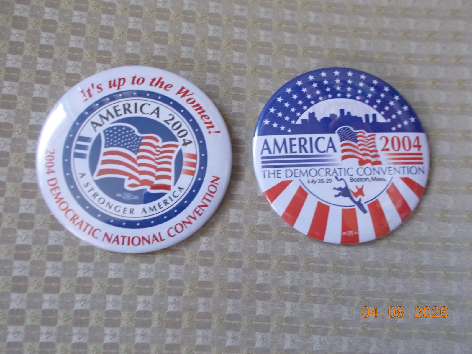 Two 2004 Democratic National Convention Buttons 3″, July 26-29, 2004, Boston, MA