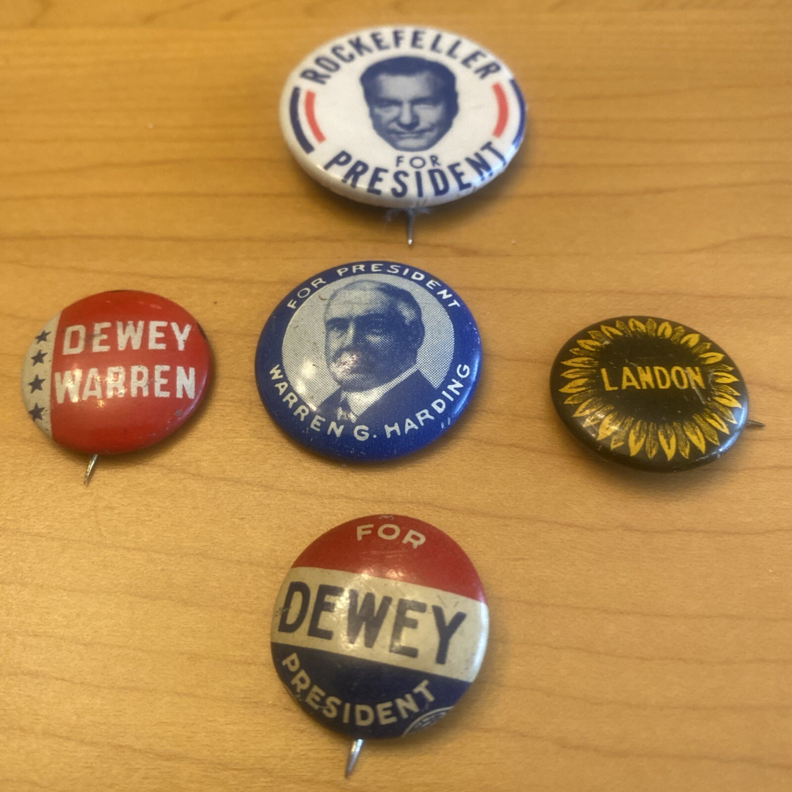 Lot Of 5 Campaign Buttons. Harding, Landon, Dewey And Rockefeller